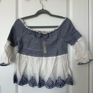 Francesca’s Miami Off-Shoulder Smocked Embroidered Blouse